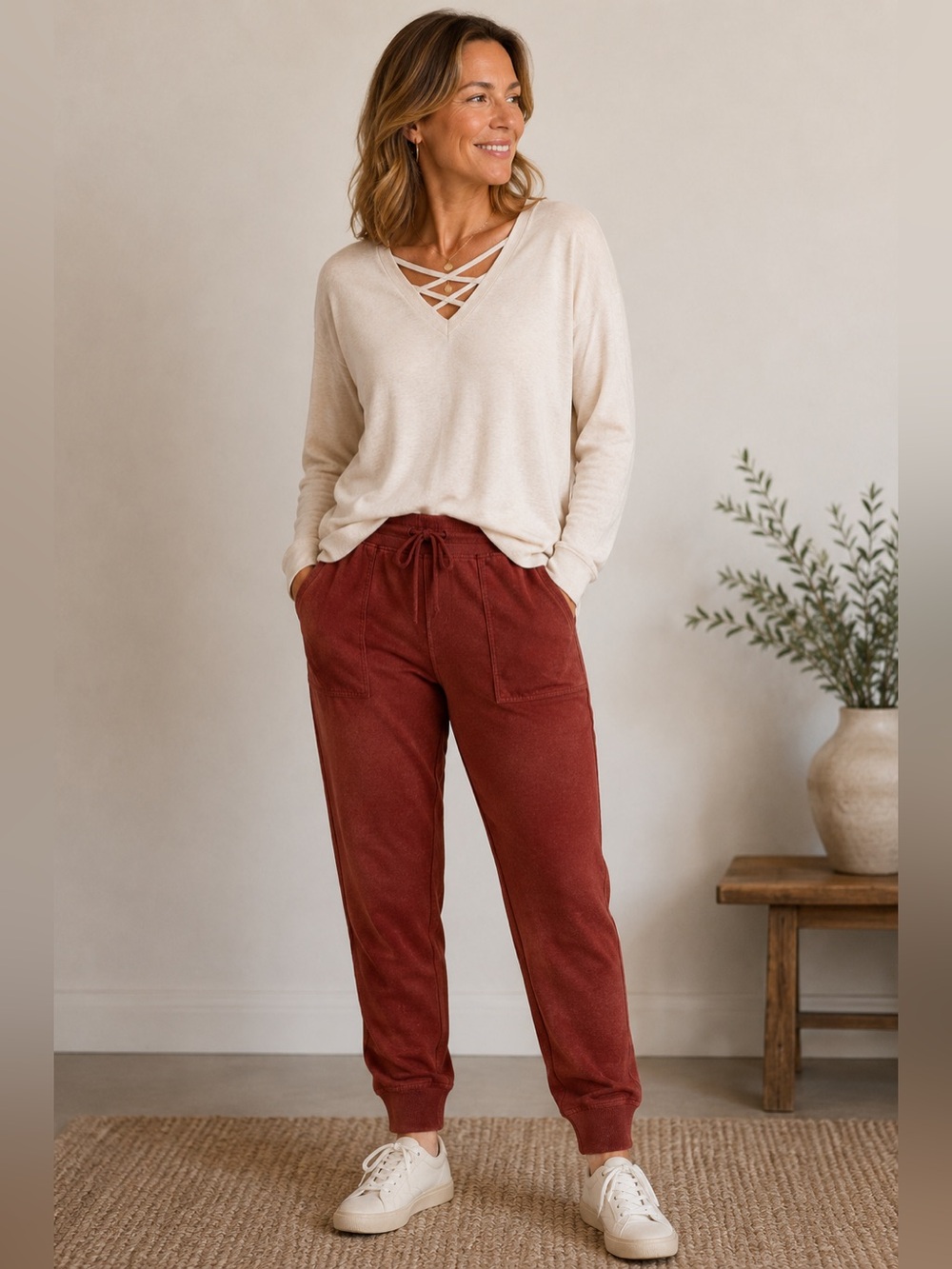 Seven7 Womens Small Rust Jogger Sweat Pants Drawstring Stretch Lounge Casual